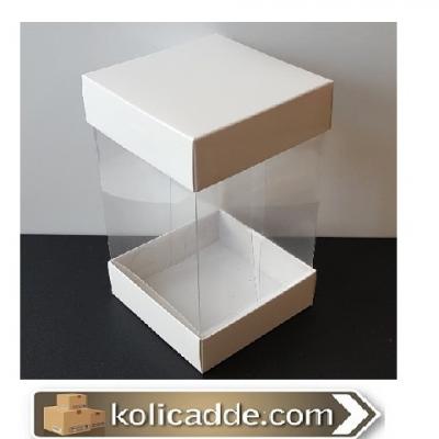 Çift Tarafı Beyaz Karton Kapaklı Asetat Kutu 10x10x16 cm.-KoliCadde