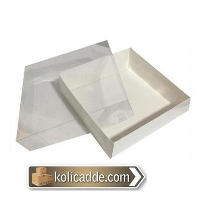 Altı Beyaz Karton Dıştan Kapanan Asetat Kapaklı Kutu 30x30x10 cm-KoliC