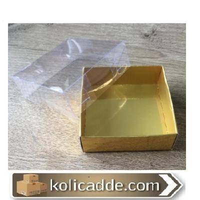 Altı Altın Rengi Karton Dıştan Kapanan Asetat Kapaklı Kutu 6x6x2,5 cm-