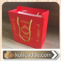 Gold Desenli Kırmızı Karton Çanta 15,5x17x8 cm-KoliCadde