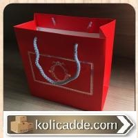 Gümüş Yaldızlı Kırmızı Karton Poşet 20x20x10 cm-KoliCadde