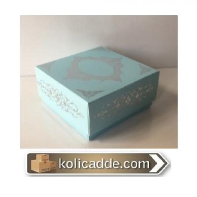 Mavi Üzerine Gümüş Saray Desenli Karton Kapaklı Kutu 8x8x3,5-KoliCadde