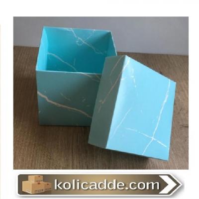Karton Kapaklı Mermer Desenli Mavi Kutu 10x10x10 cm-KoliCadde