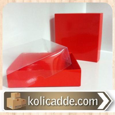 Alt Kırmızı Kutu Üst Asetat Kapak 10x10x4 cm-KoliCadde