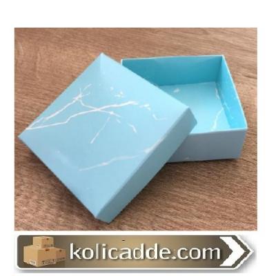 Karton Kapaklı Mermer Desenli Mavi Kutu 8x8x3 cm-KoliCadde