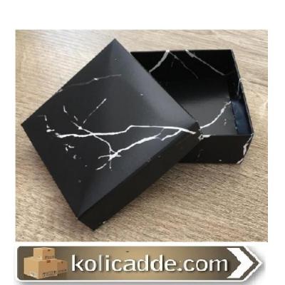 Karton Kapaklı Mermer Desenli Siyah Kutu 8x8x3 cm-KoliCadde