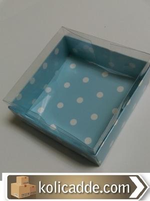Mavi Puanlı Karton Kutu Üstü Asetat Kapak 10x10x4 cm-KoliCadde