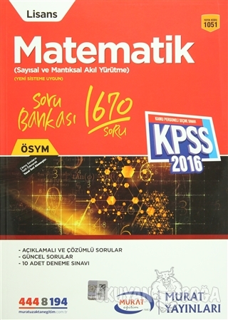 2016 KPSS Lisans Matematik Soru Bankası Sayısal ve Mantıksal Akıl Yürü