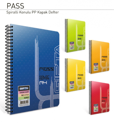 Gıpta PEMBE Spiralli Defter Pass Plastik Kapak Kareli 4 Renk İç Blok 80 YP A4